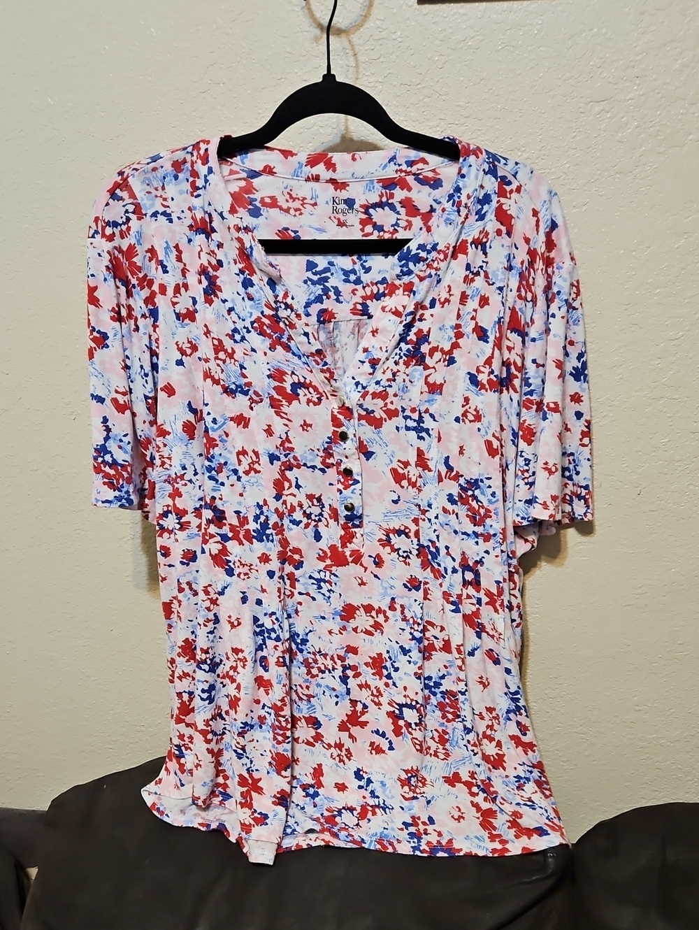 Kim Rogers White Red & Blue Floral Henley Top